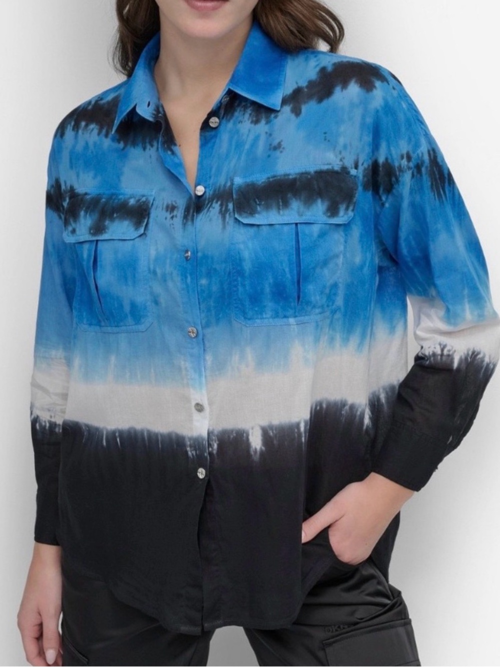 NWT! #740 DKNY Blue White and Black Tie-Dye Button Front Soft Cotton Shirt